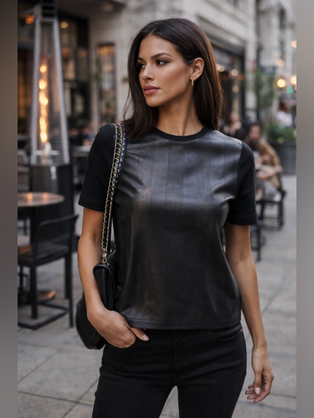 Tibi Black Leather Front Top Size 4 Perforated Leather Scuba Knit Luxe Tee